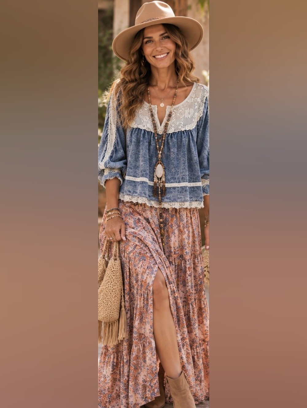 196 POL Blue Floral Lace-Trim Peasant Tunic - Picture 2 of 5